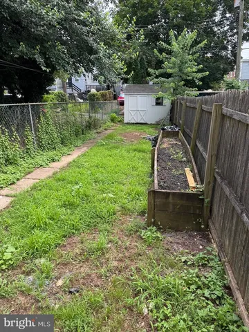 a garden view with a seating space