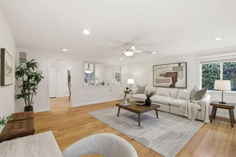 a living room with furniture and a potted plant