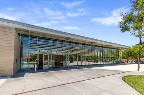 a view of a building with a patio