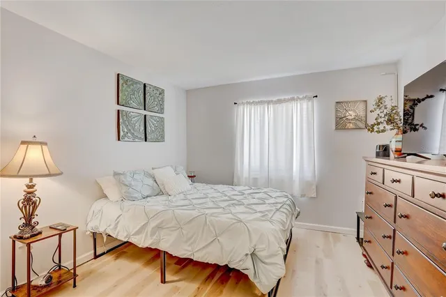 a bedroom with a bed and a flat tv screen on the dresser