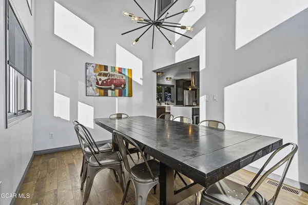 a view of a dining room with furniture