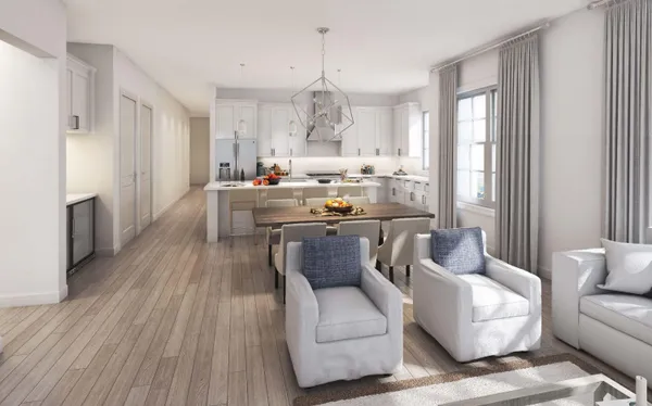 a living room with furniture or kitchen and a wooden floor