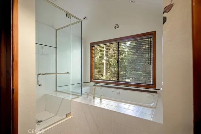 a bathroom with a bathtub and a shower