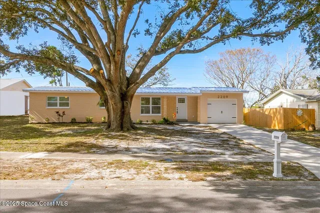 a view of a house with backyard and tree
