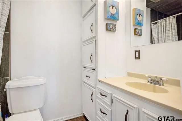 a bathroom with a granite countertop sink and a toilet