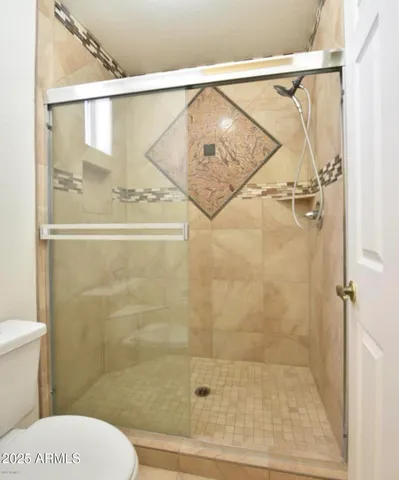 a bathroom with a shower and a toilet