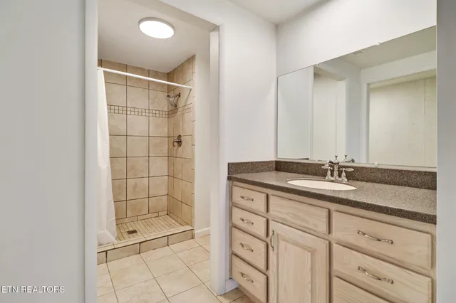 a bathroom with a shower sink and mirror