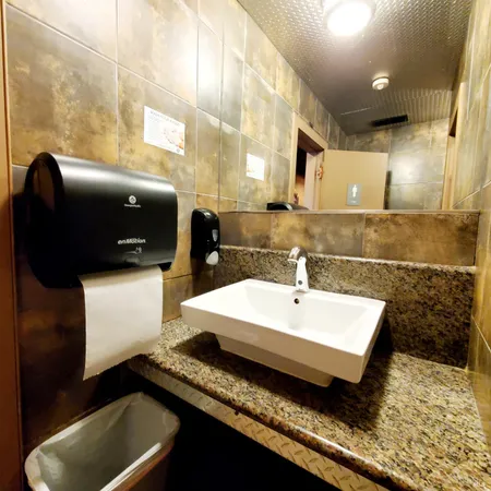 a bathroom with a toilet and a mirror