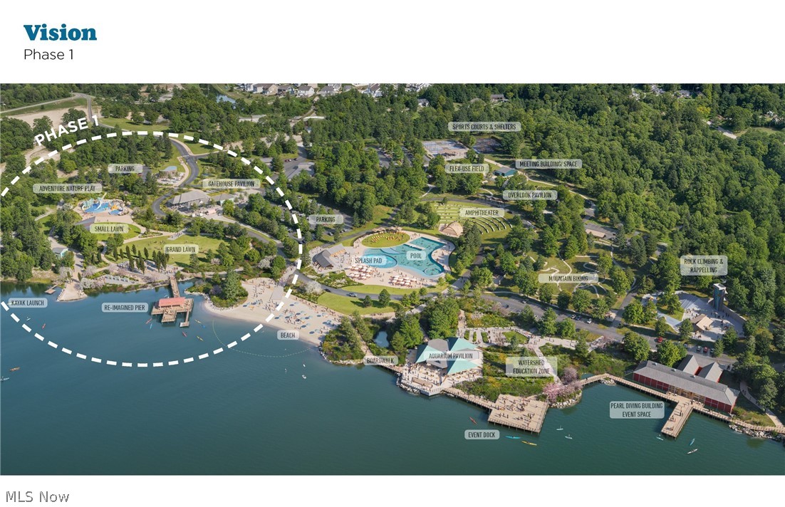 766 River Run Road Aurora, OH 44202 - Photo 2 of 49 Aurora Park Vision Plan of expansive aerial rendering showcasing a waterfront development with diverse amenities with Phase 1 circled