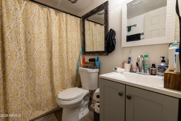 a bathroom with a sink a toilet and mirror