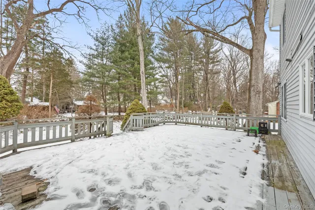 a large space with trees covered with snow in front of house