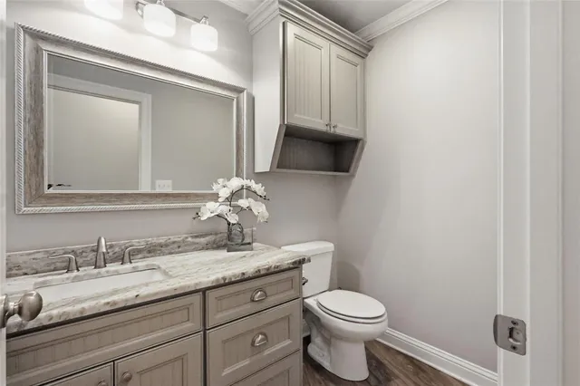 a bathroom with a granite countertop toilet sink and mirror