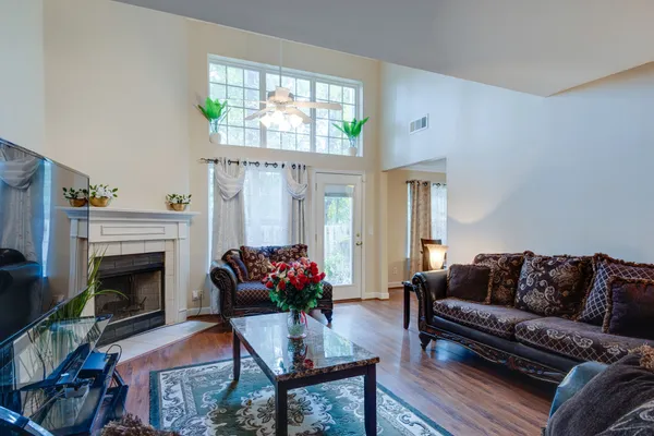 a living room with furniture a fireplace and a potted plant
