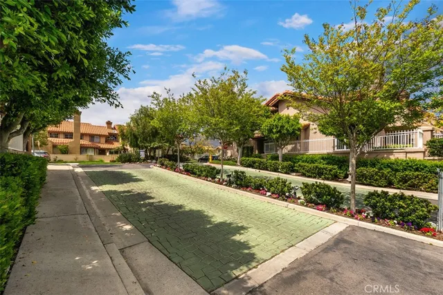 a view of a park with plants and large trees