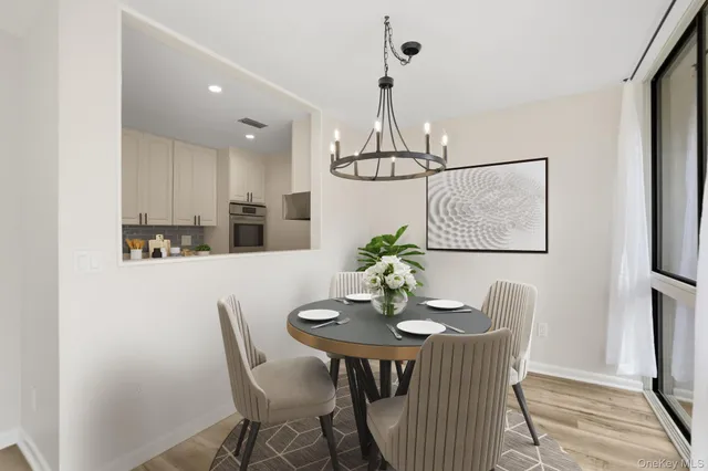 a view of a dining room with furniture