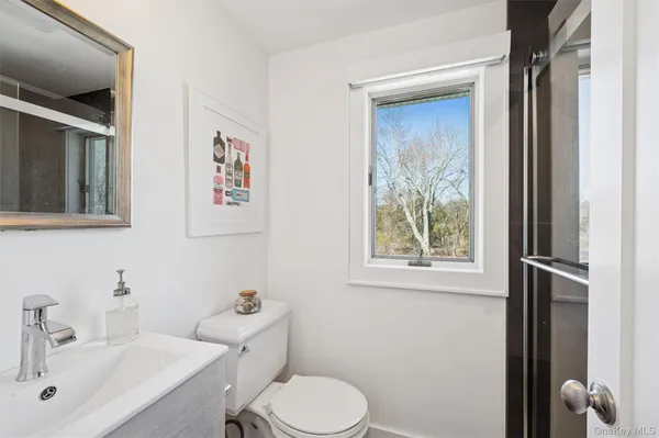 a bathroom with a toilet a sink and mirror