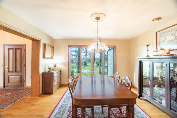 a view of a terrace with a potted plant and large trees