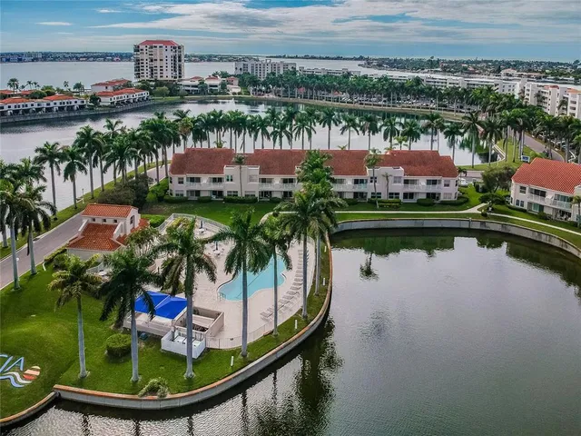 a view of a lake with a city