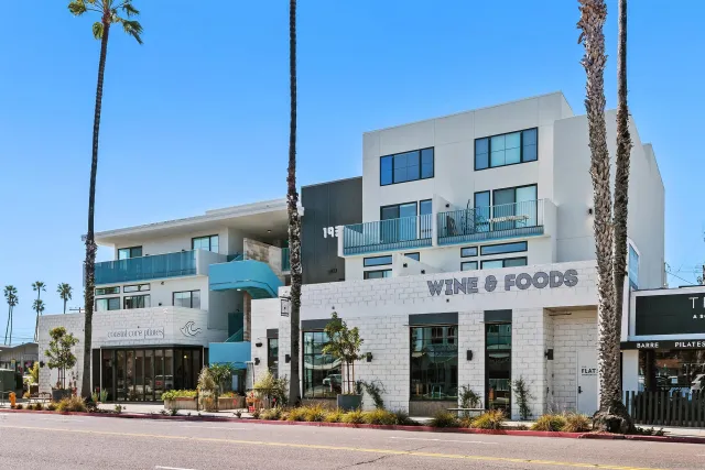 a front view of a building with street