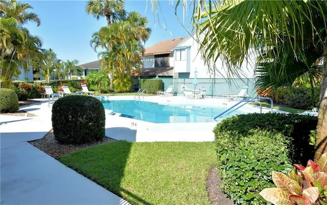 a view of a backyard with potted plants and palm trees