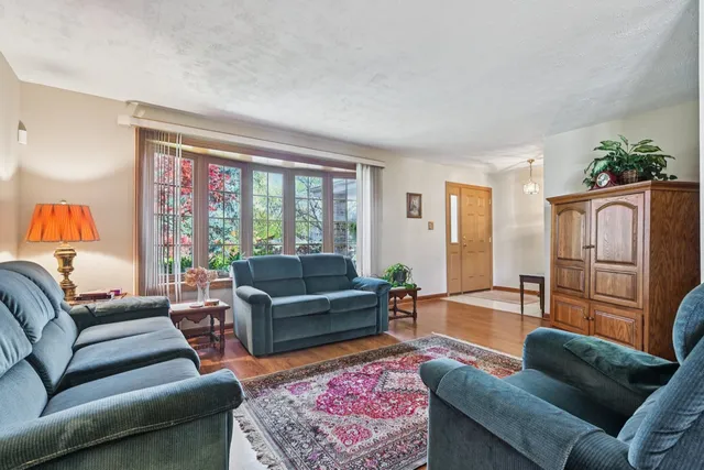 a living room with furniture ceiling fan and a rug