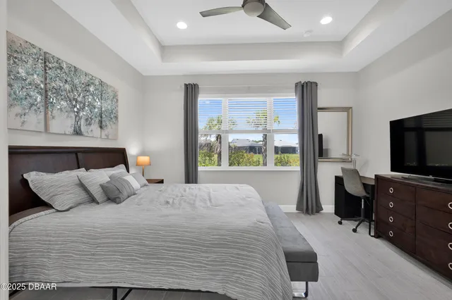 a bedroom with a large bed and a flat screen tv