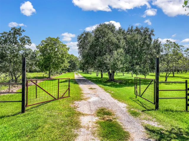 a view of a park with iron fence