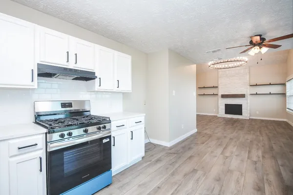 a kitchen with granite countertop a stove and a sink dishwasher