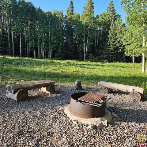 a view of a backyard with table and chairs potted plants and large tree