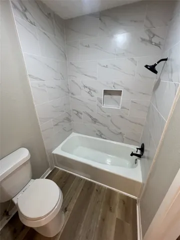 a bathroom with a toilet and a bathtub