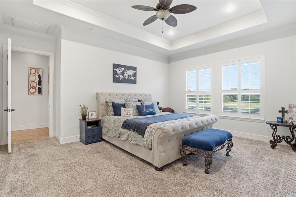 103 Apollo Trail Aurora, TX 76078 - Photo 28 of 40 Bedroom with crown molding, light carpet, a raised ceiling, a ceiling fan, and recessed lighting