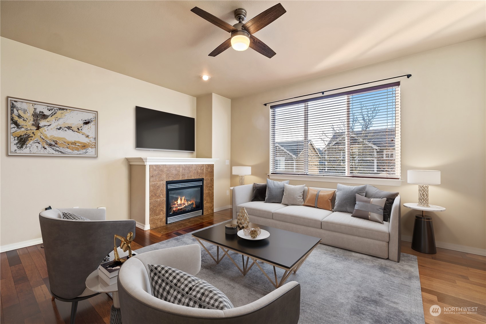 24041 40th Lane Southeast Bothell, WA 98021 - Photo 5 of 29 a living room with furniture a fireplace and a large window