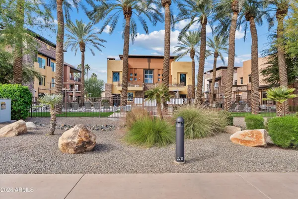 a view of a swimming pool with a lounge chair and palm trees