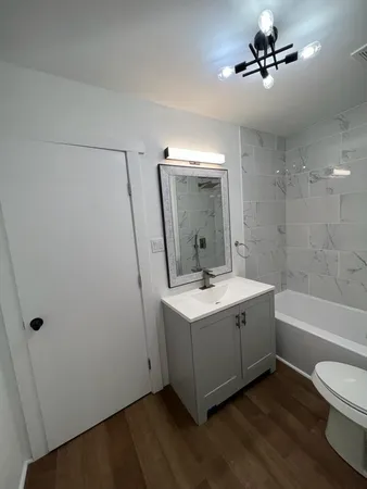 a bathroom with a sink a mirror and a bathtub