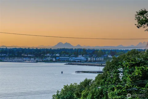 a view of a lake with a mountain in the background