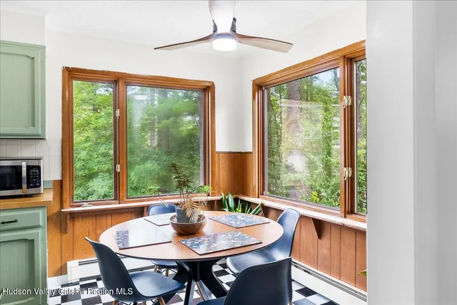 a view of a dining room with furniture window and outside view