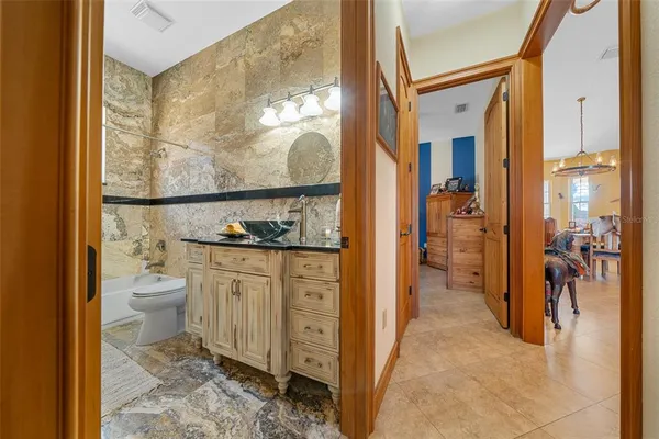 a bathroom with a granite countertop sink a toilet and a shower curtain
