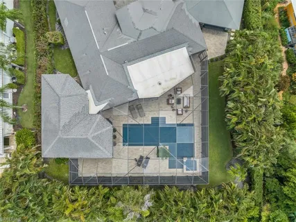 an aerial view of a house with a garden