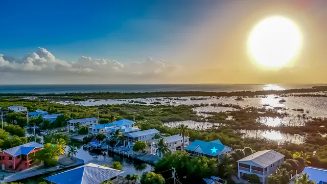 an aerial view of residential building and ocean