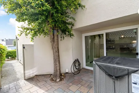 a view of a back yard with an tree and wooden fence