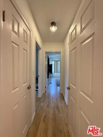 a view of a hallway with wooden floor and closet area