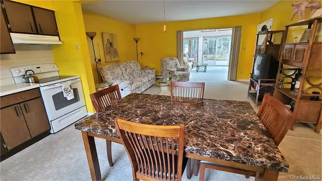 a living room with a couch and a stove top oven