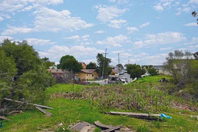 a view of a garden with houses