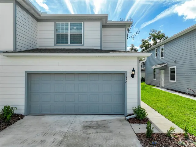 a view of backyard with potted plants and a large tree