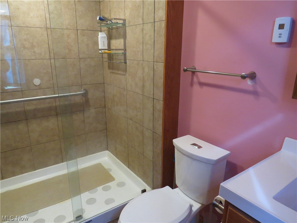 9797 Thwing Road Chardon, OH 44024 - Photo 15 of 35 Bathroom off family room with toilet, a shower with shower door, and vanity