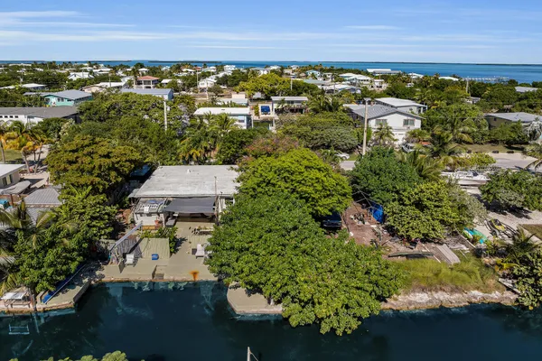 an aerial view of residential houses with outdoor space and trees
