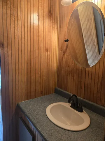 a bathroom with a sink and a mirror