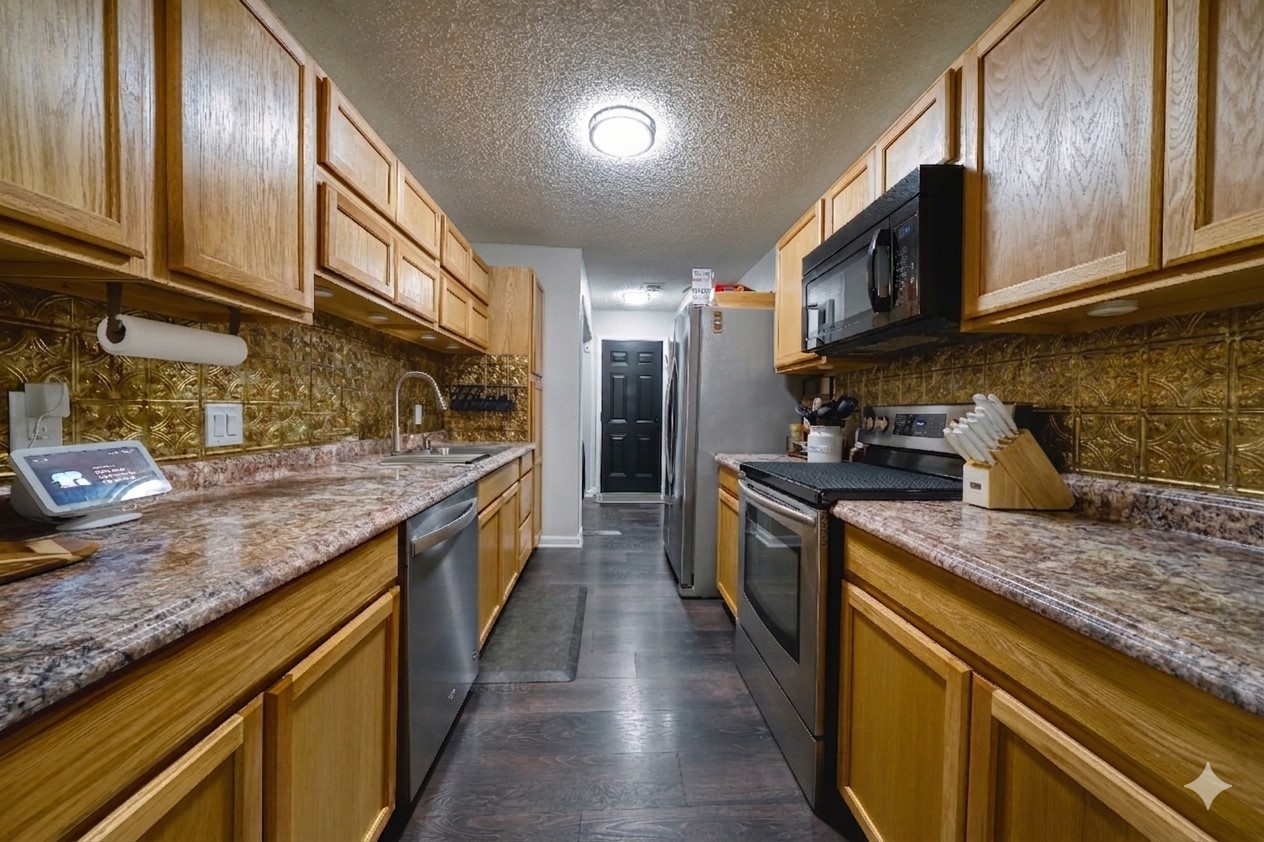 5402 Sherrylee Lane Spring, TX 77373 - Photo 10 of 21 This kitchen features a galley layout with warm wooden cabinets, granite countertops, and modern stainless steel appliances. It has a cozy, efficient design with ample storage and a stylish backsplash.