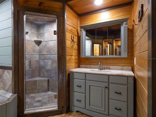 a bathroom with a granite countertop sink and mirror