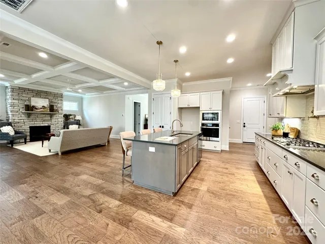 a large living room with stainless steel appliances kitchen island a large counter top and a view of living room